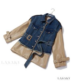 Lasaky - Custom-designed Patchwork Denim and Leather Jacket - Fashionable Outerwear for Men Denim And Leather Jacket, Dice Kayek, Flared Denim, Long Sleeve Denim Jacket, Jackets Denim, Waist Jacket, Estilo Denim, Patchwork Denim, Jeans Diy