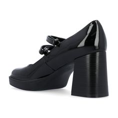 Introducing the Shasta heel by Journee Collection - the perfect mary jane style pump with added comfort features. With hook-and-loop straps and a wide-width footbed, these heels offer a custom fit that's perfect for all-day wear. Made with glossy patent vegan leather and a stacked block heel, the Shasta also features a square-toe design and 4 mm Tru Comfort Foam™ insole for added cushioning and support. Rock A, Platform Heel, Shoes Heels Pumps, Journee Collection, Perfect Shoes, Toe Designs, Black 7, Mid Heel, Black Pumps