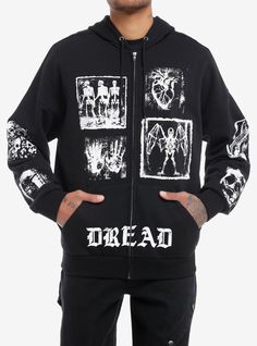 Rise from the crypt in style! This black hoodie features white printed patch designs allover  depicting skeletons  an anatomical heart  a raven and more cryptic images. "Dread" is printed on the front pockets and "Desolation" under the back skeleton graphic.52% cotton; 48% polyesterWash cold; dry lowImportedListed in men'sunisex sizesModel is 6'1''Model wears size Medium Cotton Hoodie With Skull Print, Black Emo Cotton Hoodie, Black Cotton Emo Hoodie, Punk Style Cotton Hoodie With Skull Print, Black Cotton Gothic Hoodie, Halloween Emo Hoodie With Graphic Print, Hoodie With Skull Print For Halloween Streetwear, Halloween Skull Print Hoodie For Streetwear, Edgy Skull Print Hoodie For Halloween