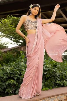 Mauve pink pre-draped saree with scattered effect work using shaped sequin and beads around the hemline. Paired with a fully embellished holographic sequin blouse with spaghetti straps. - Aza Fashions Draped Saree, Pink Holographic, Drape Saree, Sequin Blouse, Blouse For Women, Work Sarees, Mauve Pink, Saree With Blouse, Aza Fashion