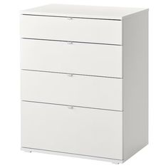 a white chest of drawers with three drawers on each side and one drawer in the middle