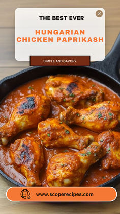 the best ever hungarian chicken paprikash in a skillet with text overlay