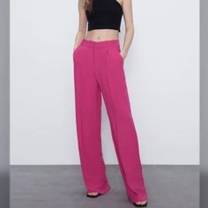 Zara Wide Leg Fuchsia Pink Trousers Pants With Darts Excellent Condition Inseam 34’ Pink Trousers, Trousers Pants, Jumpsuit Trousers, Zara Pants, Fuchsia Pink, Pants Color, Trouser Pants, Pant Jumpsuit, Wide Leg