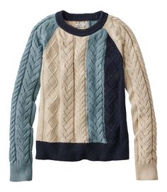 Women's Signature Classic Fisherman Sweater, Crewneck Colorblock | Sweaters at L.L.Bean Scottish Wool Sweaters, Icelandic Wool Sweaters, Aran Islands, Cadet Blue, Fisherman Sweater, Cable Sweater, Cotton Wool, Color Block Sweater, The Seasons