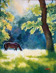 a painting of a horse grazing in the shade of a tree on a sunny day