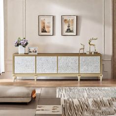 a living room scene with focus on the sideboard and rug in the foreground