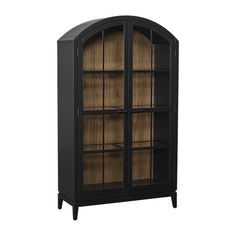 a black bookcase with wooden shelves and glass doors