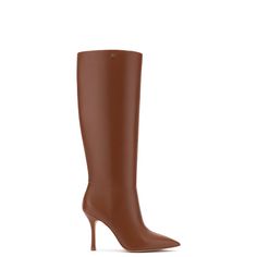 Elegant Cognac Boots With Leather Lining, Elegant Cognac Boots With Almond Toe, Elegant Cognac Almond Toe Boots, Elegant Cognac Boots For Formal Occasions, Chic Brown Knee-high Boots For Formal Occasions, Elegant Formal Cognac Boots, Elegant Brown High Heel Knee-high Boots, Elegant Cognac Leather Boots, Elegant Brown Knee-high Boots For Evening