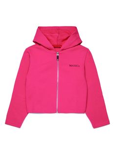 fuchsia pink cotton jersey texture logo print at the chest slouchy hood front zip fastening long sleeves straight hem Texture Logo, Dress With Jean Jacket, Baby Boy Accessories, Dolce And Gabbana Kids, Max Co, Kids Logo, Stella Mccartney Kids, Fuchsia Pink, Hoodie Girl