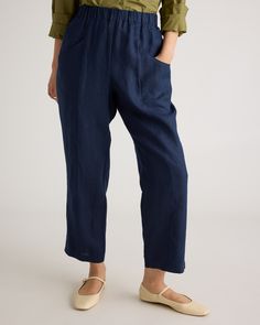 Whether you're heading to the office, out for brunch with friends, or lounging at home, the 100% European Linen Tapered Ankle Pants is the perfect choice. Made from high-quality sustainability grown linen, these pants are lightweight, breathable, and oh-so-comfortable. The tapered design flatters your figure and elongates your legs, creating a slimming effect that is both stylish and flattering. The pants are versatile enough to be paired with anything from a basic tee to a dressy blouse, making Effortless Pants With Loosely Fitted Hips And Tapered Leg, Effortless Spring Bottoms With Pockets, Effortless Workwear Bottoms With Elastic Waistband, Effortless Relaxed Fit Ankle-length Bottoms, Effortless Relaxed Fit Ankle-length Pants, Effortless Relaxed Fit Bottoms, Effortless Bottoms With Elastic Waistband For Work, Relaxed Pull-on Ankle-length Pants, Relaxed Workwear Bottoms With Pockets