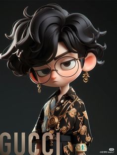 a cartoon character wearing glasses and a black shirt with gold details on it's chest