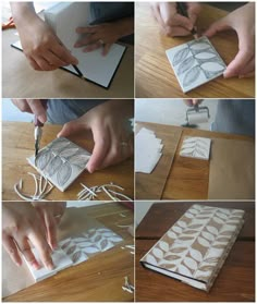 the process of making a book cover with paper and scissors is shown in four different pictures