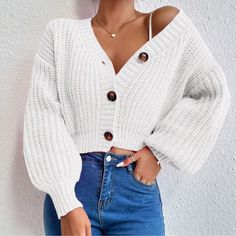 Cozy Cable Knit Button Oversized Cropped Cardigan Xs S M L, 100% Acrylic, Ships In 7-8 Days Sweaters With Buttons, Crop Button Up Sweater Outfit, Beachy Winter Outfits, Cropped Cardigan Outfit, Short Sweaters, 369 Method, Exaggerated Collar, Preppy Business, Bride Lingerie