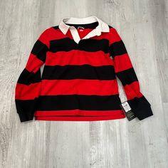 Nwt Long Sleeve Shirt Striped Red And Black With White Collar Never Been Worn Size M $15 Comment With Questions And Make Offers! Check Out My Other Kids Clothes! Red School Spirit Tops For School, Black Tops For School In Fall, Black Long Sleeve T-shirt For School, Sporty Red Tops For School, Red Long Sleeve T-shirt For School Spirit, Basic Black School Tops, Basic Black School Top, Basic Black Top For School, Red Winter Top For School