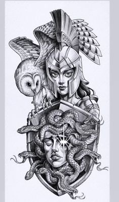 a drawing of an owl, woman and snake in the shape of a shield with two faces