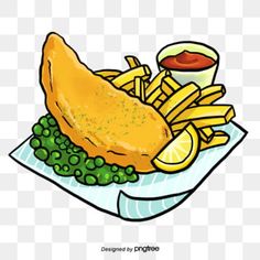 a plate with french fries, peas and lemon wedges on it clipart png