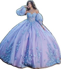 Detachable Puff Sleeves, Sparkly Ball Gown, Beautiful Ball Gowns, Beautiful Ball, Lilac Blue, Quince Dress, Floral Applique, Sheer Lace, Adele