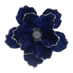 an image of a blue flower with silver accents on the petals and center piece, isolated against a white background