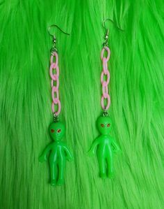 Pink Novelty Dangle Jewelry, Kawaii Dangle Earrings For Birthday, Quirky Handmade Pink Earrings, Handmade Novelty Plug Earrings For Gift, Themed Earrings For Pierced Ears As Gift, Themed Pierced Earrings As A Gift, Themed Gift Earrings, Green Fun Earrings For Gifts, Pink Fun Dangle Jewelry