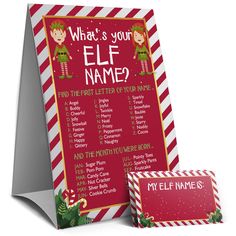 an elf themed christmas party game with matching cards and place card holder for your elf name