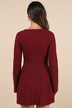 Winter style just got a little more chic with the arrival of the Lulus Convincing Poise Burgundy Ribbed Long Sleeve Skater Mini Dress! Midweight ribbed knit shapes this sweet little dress that has long, slightly flaring sleeves and a crew neckline. Figure-hugging silhouette continues down to a flattering waist and ends at a skater-style mini skirt. Fit: This garment fits true to size. Length: Mid-thigh. Size medium measures 32.75" from shoulder to hem. Bust: Great for any cup size. Waist: Fitted Ribbed V-neck Sweater Dress For Date Night, Ribbed Knit V-neck Bodycon Dress, Ribbed Knit Cropped Sweater, Fitted Ribbed Knit Mini Dress, Ribbed Knit Bodycon Mini Dress, Ribbed Knit Mini Sweater Dress, Chic Knit Sweater Dress With Ribbed Neckline, Ribbed Crew Neck Fall Dresses, Fall Ribbed Crew Neck Dress