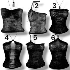 six different types of bras hanging from strings with numbers on them and the measurements below