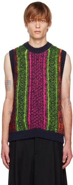 Cable knit wool vest. · Rib knit crewneck, armscyes, and hem · Striped pattern at front Supplier color: Multi Striped Vest, Striped Vests, Wool Vest, Knit Crewneck, Color Stripes, Crochet Ideas, Stripe Sweater, Sweater Vest, Stripes Pattern