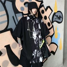 Cool Black Shirt with Chic Metal Chain Black Shirt For Spring Streetwear, Edgy Black Shirt For Streetwear, Black Grunge Shirt For Summer, Black Summer Grunge Shirt, Urban Style Black Shirt For Spring, Clothes Alt, Diamond Sweaters, Couple Jacket, Loose Pullover Sweater