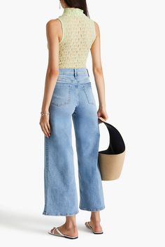 Find FRAME Le Palazzo Crop Highrise Wideleg Jeans on Editorialist. Wide-leg jeans faded denim cropped belt loops high-rise cut five pockets button and concealed zip fastening at front mid-weight, stretchy fabric machine wash imported Fitted Cropped Flare Jeans With Five Pockets, Spring Cropped Flare Jeans In Medium Wash, Cropped Medium Wash Bottoms With Frayed Hem, Cropped Medium Wash Flare Jeans, Trendy Medium Wash Cropped Flare Jeans, Chic Cropped Denim Flare Jeans, Cropped Denim Flare Jeans With Five Pockets, Spring Cropped Dark Wash Jeans, Chic Cropped Light Wash Flare Jeans