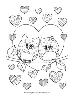 two owls sitting on a branch with hearts in the background coloring page for valentine's day