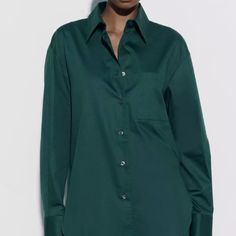 Zara Asymmetric Poplin Button Up Long Sleeve Shirt Size Small 100% Cotton Never Worn Green Workwear Tops With Button Cuffs, Green Tops With Button Cuffs For Work, Green Shirt With Placket For Workwear, Green Spread Collar Top For Work, Green Workwear Shirt With Buttons, Oversized Button-up Blouse For Business Casual, Green Workwear Shirt With Button Closure, Chic Green Workwear Shirt, Chic Green Shirt For Work