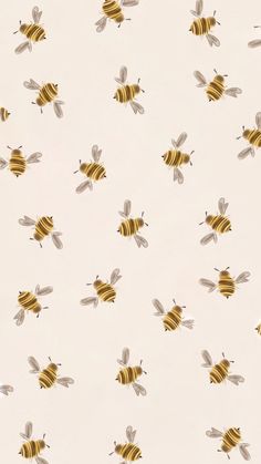 a bunch of bees that are flying in the air on a white wallpaper background