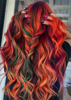 Fall Rainbow Hair, Red Hair With Colored Highlights, Funky Fall Hair Color, Bright Fall Hair Colors, Red With Blonde Balayage, Winter Vivid Hair Color, Red Hair Color Dye