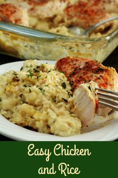 a white plate topped with chicken and mashed potatoes next to a casserole dish