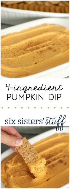 the ingredients for this pumpkin dip are shown in three different pictures, including one being dipped with