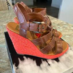 Dv Dolce Vita Tonala Wedge Sandals. Size 7.5. Color Is Cognac With Orange Soles. They Look Brand New Except The Back Of The Right One Has Scuffs. See Photos. Will Ship With Box. From A Smoke-Free But Pet-Friendly Home. Thanks For Looking! Check Out My Other Items To Bundle! Brown T-strap Wedge Sandals For The Beach, Brown Synthetic Wedge Sandals With 4-inch Heel, Dolce Vita Shoes, Womens Shoes Wedges, Brown Orange, Wedge Sandals, Cognac, Pet Friendly, Wedges