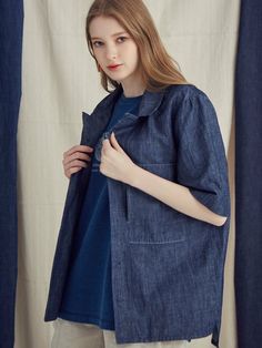 Editor's NotesMOTH’s shirt gives casual look with linen blend denim fabric and big pocket detail.- Linen blend denim fabric- Open collar- Half sleeves- Comfortable fit- Button closure- Big pocket detail in front Measurements(in.)1 / 2- Length: 28.0/29.1in. / 28.7/29.9in.- Chest: 22.0in. / 24.4in.- Hem: 22.4in. / 23.6in.- Shoulder: 16.9in. / 18.1in.- Armhole: 9.1in. / 10.0in.- Sleeve: 12.4in. / 13.0in.- Sleeve Width: 7.5in. / 8.3in.- Cuff: 7.5in. / 8.1in.*Model Info: 5’8’’ Chest 32’’ Waist 2 Open Collar Shirt, Big Pocket, Collar Shirt, Pocket Detail, Denim Fabric, Half Sleeves, Linen Blend, Casual Looks, Dark Blue