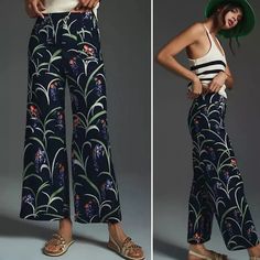 Nwt Anthropologie Maeve The Colette Cropped Wide Leg Pants. The Most Amazing Comfortable Pants You Must Have In Every Color And Pattern! Beautiful Deep Navy Color With Floral Print. Stretch Linen Blend. Please See All Photos For Details. Size 32 New To Poshmark? Welcome! Download App And Use Referral Code Carenmichelle To Receive $10 Off Your First Order Please Be Sure To Check Out The Rest Of My Closet And Bundle For Automatic Discounts! 3 Boho Fashion Spring, Wide Leg Pants Outfits, White Wide Leg Pants, Pattern Pants, Wide Leg Crop Pants, Wide Leg Palazzo Pants, Cropped Wide Leg Pants, Comfortable Pants, Spring Boho