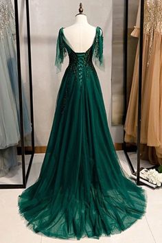 10% off now! Flowy Long Tulle Dark Green Prom Dress With Train Beaded Appliques online. SheProm offers formal, party, casual & more style dresses to fit your special occasions. Junior Prom Dress, Dark Green Prom Dress, Prom Dress Green, Crystal Prom Dress, Prom Dress With Train, Green Evening Dress, Junior Prom, Green Prom, A Line Evening Dress