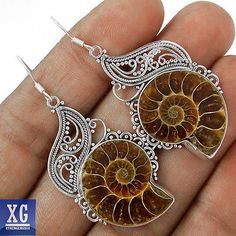 SE125606 12g AMMONITE (FOSSIL) 925 STERLING SILVER EARRINGS JEWELRY Ammonite Shell, Ammonite Jewelry, Fossil Jewelry, Ammonite Fossil, Filigree Jewelry, Earrings Inspiration, Celtic Jewelry, Cool Necklaces, Metal Earrings