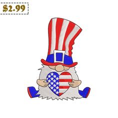 a gnome with an american flag hat holding a heart