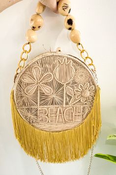 "Beach" Crossbody Bag with Fringe - Choose Color Eco-friendly Macrame Straw Bag For Beach, Natural Macrame Beach Bag, Bohemian Straw Bag With Fringe For Beach, Vacation Macrame Jute Straw Bag, Macrame Jute Bag For Beach, Bohemian Handwoven Beach Bag For Festivals, Beach Straw Bag With Macrame In Jute, Beach Straw Bag With Macrame Detail, Beach Straw Bag With Fringe Detail