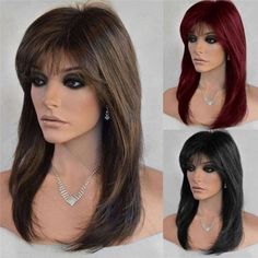 Full Wig Wigs w/Bangs Real Natural Women Lady Party Cosplay Medium Straight Hair | eBay Petite Blonde, Black Hair Wigs, Straight Hairstyles Medium, Wig Black, Wig Party, Hairpieces For Women, Natural Wigs, Long Straight Hair, Full Wigs