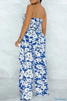 OrcaJump - Womens Blue Floral Print Strapless Two-Piece Dress Blue Floral Print Sleeveless Jumpsuits And Rompers, Casual Blue Strapless Jumpsuits And Rompers, Sleeveless Printed Blue Jumpsuits And Rompers, Blue Floral Print Jumpsuits And Rompers For Beach, Blue Floral Print Jumpsuits And Rompers For Vacation, Blue Printed Jumpsuit For Beach Season, Blue Printed Jumpsuits And Rompers For Beach, Suit Type, Sleeveless Suit