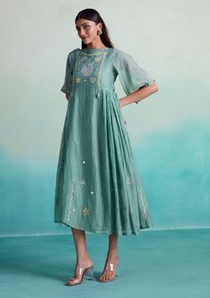 The Right Cut-Mint Green Enchantmint Dress-INDIASPOPUP.COM Chanderi Dress, Kutchi Work, Pleats Dress, Chanderi Suits, Work Party, Family Moments, Mint Color, Dress For Women, Xl Dress