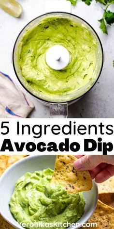 guacamole dip in a food processor with tortilla chips