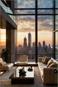 a living room filled with furniture and large windows overlooking the cityscape at sunset