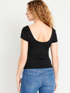 scoop neck scoop back short sleeves fitted hits below waist models are approx.  5'9" and wear sizes s (4), l (12), and xl (18)machine wash according to the care instruction label