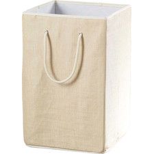 a white shopping bag with handles on the front and bottom, sitting against a white background