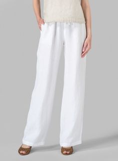 Linen Long Straight Pull-On Pants Elegant Linen Pants With Elastic Waistband, Elegant Relaxed Fit Linen Pants, Elegant Pull-on Wide-leg Pants, Elegant Wide-leg Pull-on Pants, Elegant Wide Leg Pull-on Pants, Elegant Wide Leg Pull-on Bottoms, Elegant Relaxed Fit Long Pants, Elegant Wide-leg Pants With Pull-on Style, Elegant Relaxed Fit Bottoms